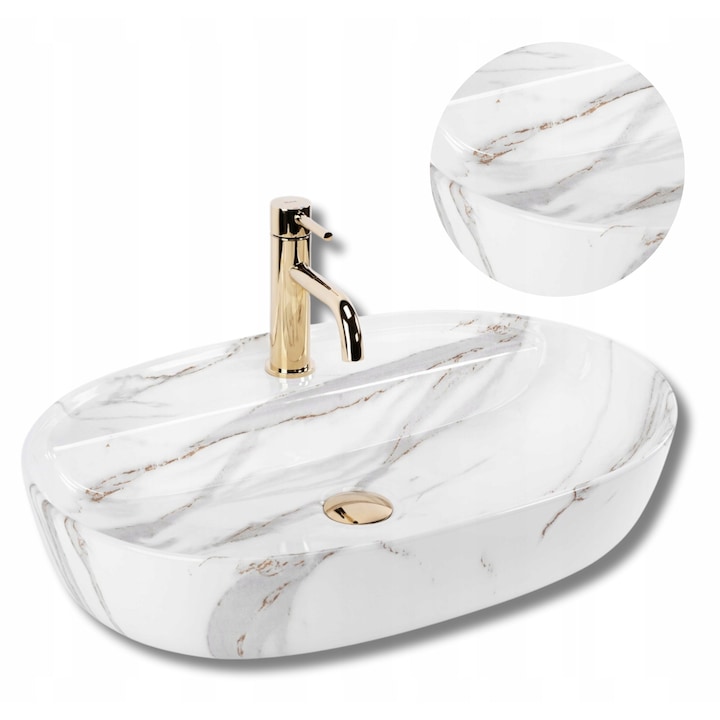 Lavoar de baie pe blat, Rea, Aura aiax shiny, Ovala, Alba imitatie de marmura, 61 cm, Ceramica sanitara, Destinatie: baie