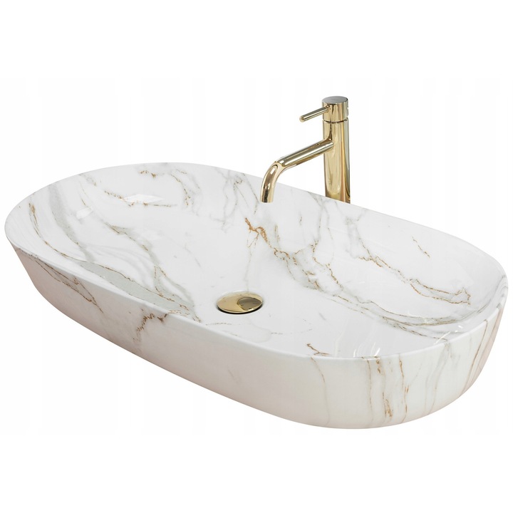 Lavoar de baie pe blat, Rea, Cleo, Marmura deschisa, Ceramica sanitara, 81 x 41 x 13, 5 cm, Fara orificiu pentru Robinet, Drenaj standard 4, 5 cm, Posibilitate de montaj pe blat