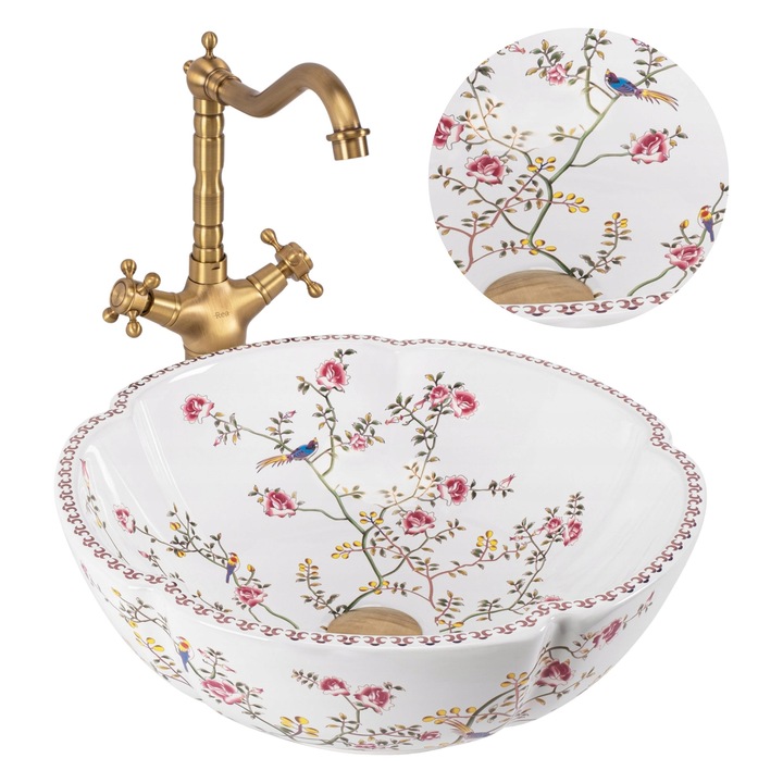 Lavoar de baie pe blat, Rea, Felicia, Multicolor, 415 x 415 x 615 mm, Ceramica sanitara, Fara preaplin, Orificiu de scurgere 4, 5 cm, Posibilitate de montaj pe blat