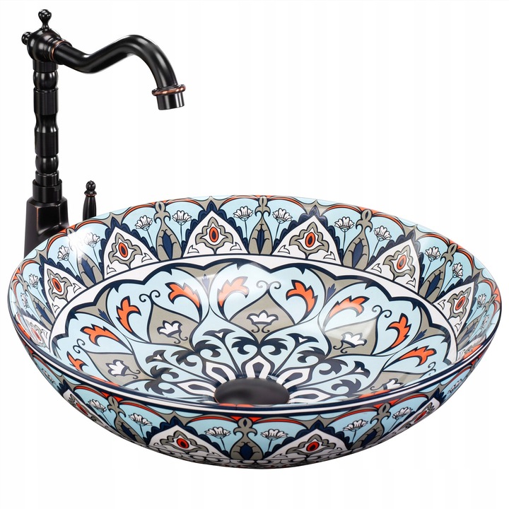 Lavoar de baie pe blat, Rea, Mexico, Multicolor, 40 cm, Ceramica sanitara, Dren oval, Fara supapa de supraplin