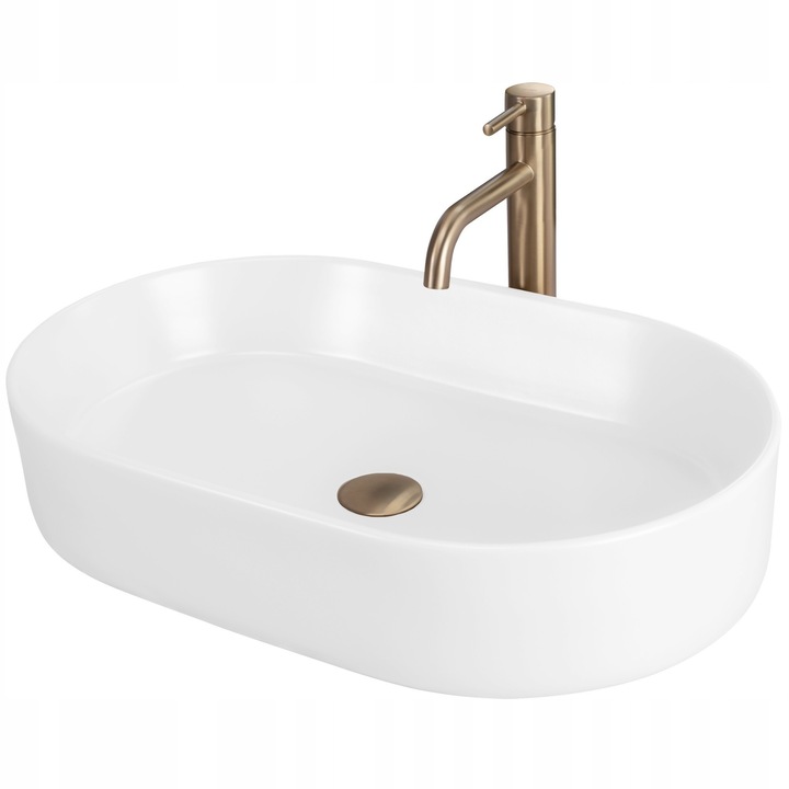 Lavoar de baie pe blat, Rea, Nadia, Alba, 610 x 385 x 120 mm, Ceramica sanitara, Ovala, Fara preaplin, Posibilitate de montare pe blat