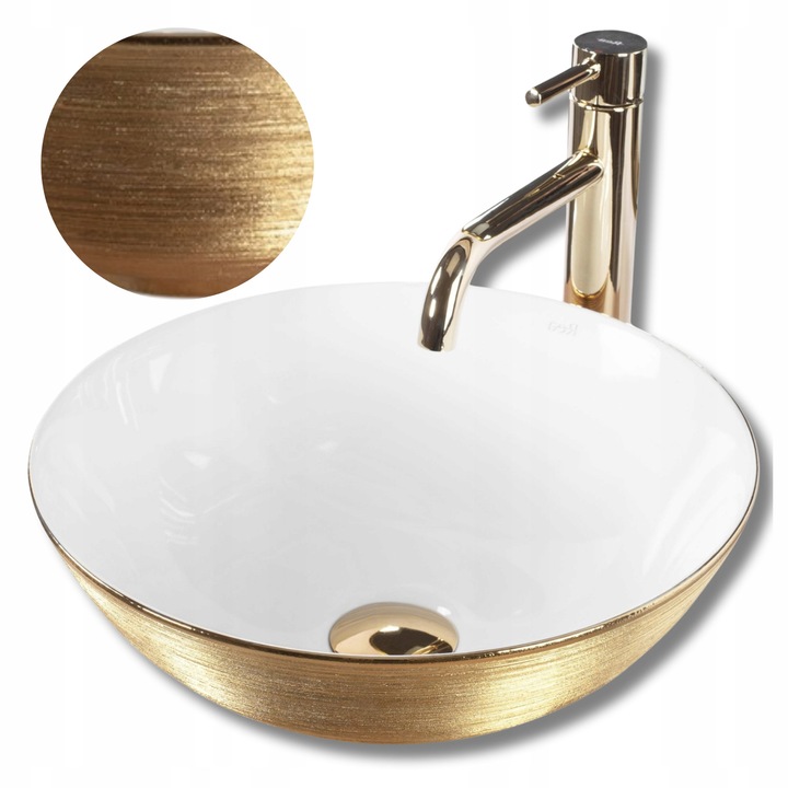 Lavoar de baie pe blat, Rea, Stella aur alb, Ceramica, Rotunda, Alb lucios/aur periat, 35, 5 x 35, 5 x 13, 5 cm, Fara overflow, Drenaj standard 45 mm