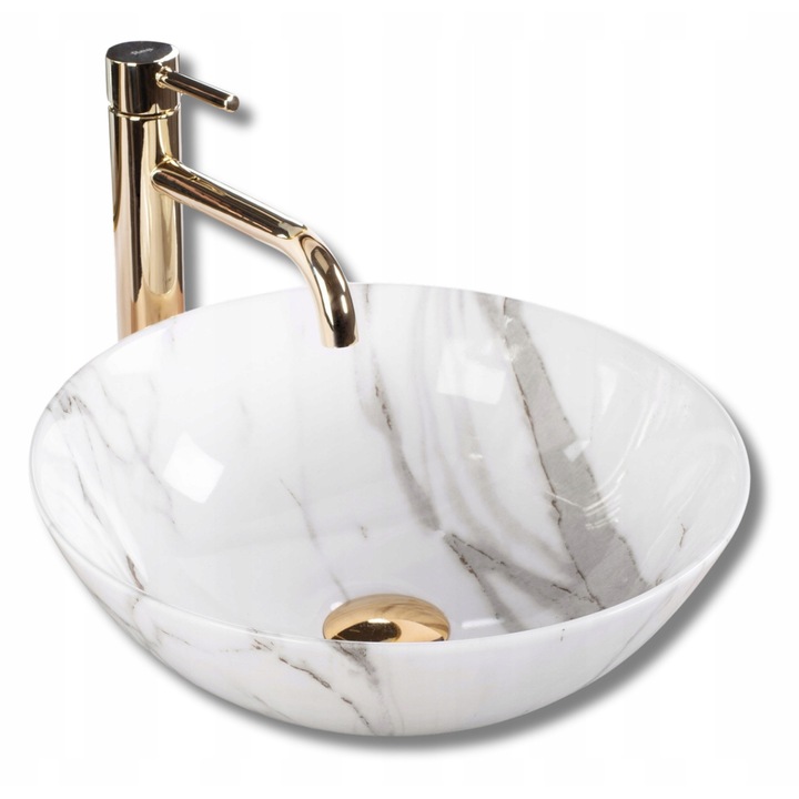 Lavoar de baie pe blat, Rea, Stella aiax shiny, Imitare de marmura, Rotunda, Ceramica, 35, 5 x 35, 5 x 13, 5 cm, Fara preaplin, Oprire standard de 45 mm