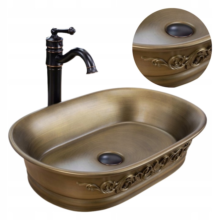 Lavoar de baie pe blat, Rea, Wilma rustic, Cupru periat, Ceramica sanitara, 550 x 380 x 130 mm, Fara preaplin, Drenaj 4, 5 cm