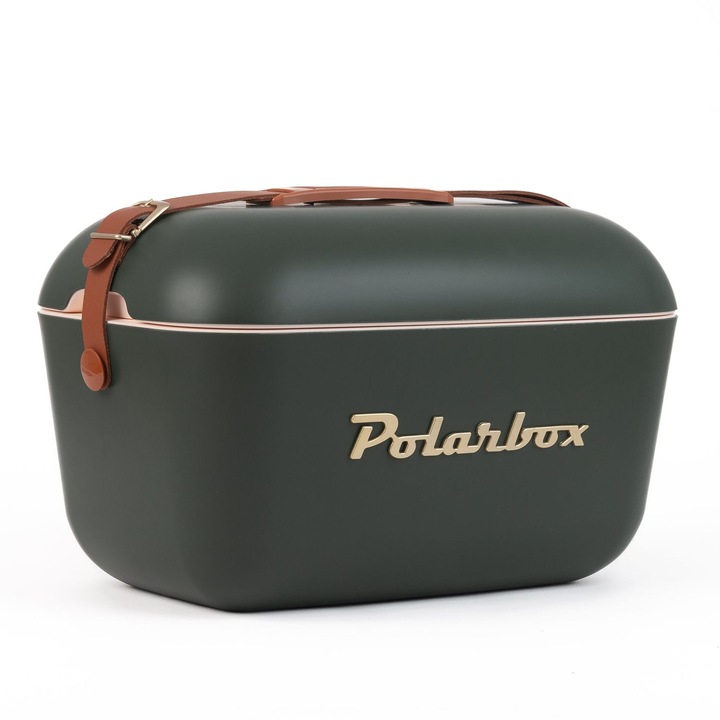 Хладилна кутия Polarbox, злато, 12 литра капацитет, ретро дизайн, поддържа напитките и храната студени, идеална за пикник/плаж/туризъм, херметично затваряне, кожена каишка, мъдрец