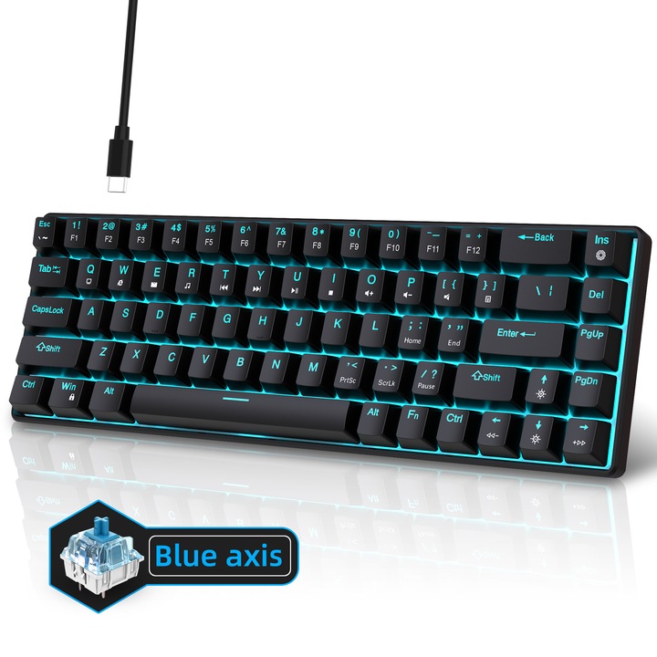 Tastatura Mecanica Gaming, 60%, Lumini LED, 68 taste, cu cablu Type-C, Switch-uri Blue Axis si 3 taste de rezerva, USB-C, Anti-Ghosting, Compacta, Portabila, Negru, RiKbo®