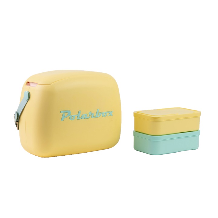 Хладилна кутия Polarbox, Pop, 6 литра капацитет, включва 2 гювечета, ретро дизайн, запазва напитките и храната студени, идеална за пикник/плаж/туризъм, херметично затваряне, кожена каишка, жълта