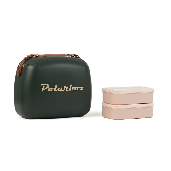 Хладилна кутия Polarbox, златиста, 6 литра капацитет, включва 2 гювечета, ретро дизайн, запазва напитките и храната студени, идеална за пикник/плаж/туризъм, херметично затваряне, кожена каишка, мъдрец