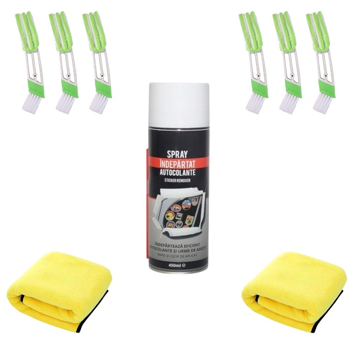 Accesoriu detailing 2 in 1 pensula par moale si 3 lame cu microfibra, pentru curatare de detaliu- 6 buc + 2 lavete microfibra 30X40 cm + Spray etichete