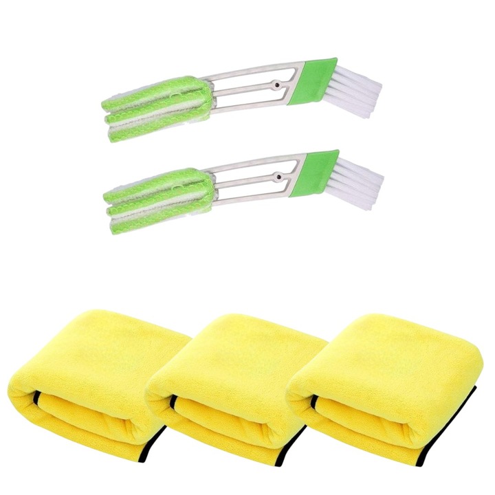 Accesoriu detailing 2 in 1 pensula par moale si 3 lame cu microfibra, pentru curatare de detaliu- 2 buc + 3 lavete microfibra 30X40 cm