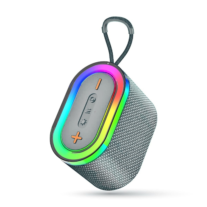 Boxa Portabila Gri, Bluetooth 5.3, Sunet Puternic 12W, Lumini RGB, Timp Redare 10 Ore, Conectivitate Multipla, Control Integrat, Incarcare Type-C