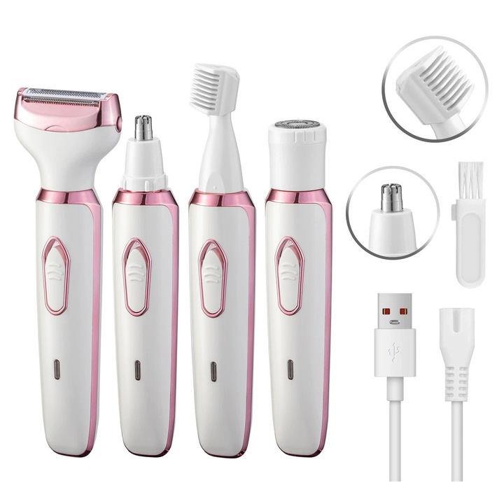 Епилатор, 4 в 1, водоустойчив, щадящ кожата, преносим, USB, 600mAh, 3W, бял