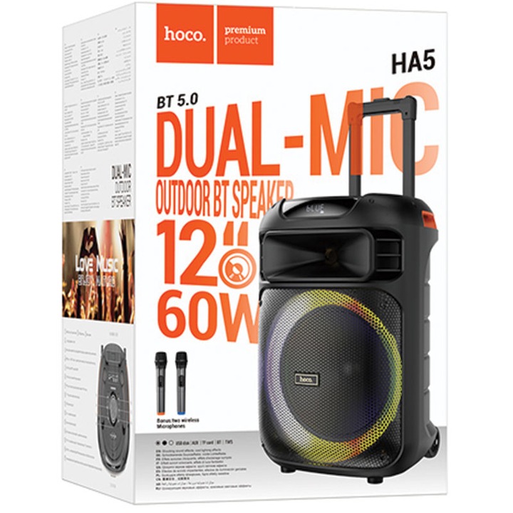 Boxa outdoor Hoco (HA5), portabila, BT 5.0, cu 2 microfoane wireless, Karaoke, 7000mAh, TF Card, USB, AUX si TWS, 60W, inel RGB ambient light, Black