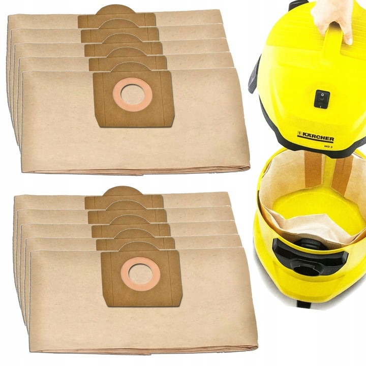 Set 10 saci de hartie pentru aspirator Bisanti, 2 straturi, compatibili cu modele KARCHER WD3, multicolor