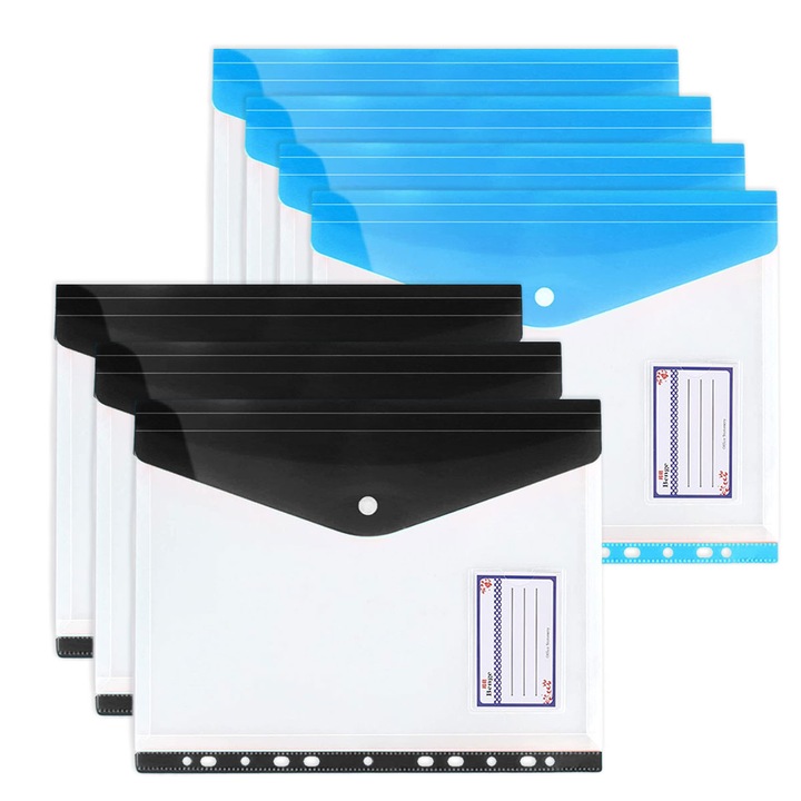 Комплект от 7 цветни папки за документи А4, с копчета и джобове за визитки