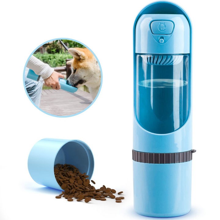 Hordozható vizespalack kutyáknak és macskáknak, CAKMGER, 2 az 1-ben, beépített szűrővel, etetőtállal, 300 ml, kék