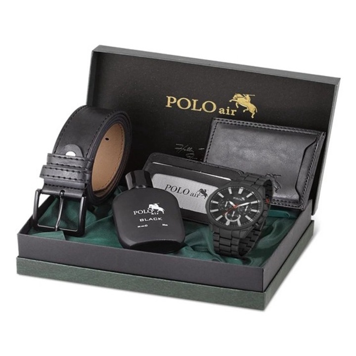 Мъжки комплект, Polo Air, колан, часовник, 50 мл парфюм, портфейл, черен