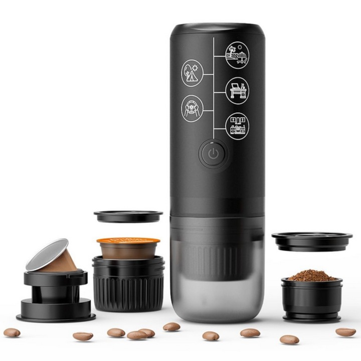 Преносима кафемашина iCafilas Explorer, Съвместима с капсули Nespresso, Капсули Dolce Gusto и мляно кафе, Батерия 2600mAh, 17 бара налягане, Черен