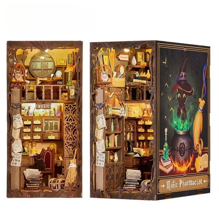 3D Puzzle Szett Book Nook Nookche Magic Patika, Könyvelválasztó, barkácsolás, LED lámpákkal, Érintőgombbal, 23x18x11 cm, 282 db