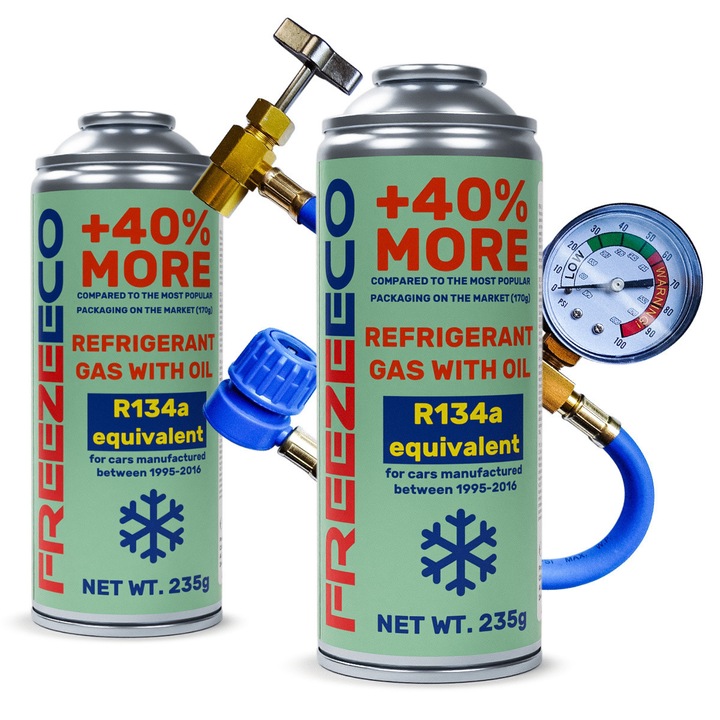 Set agent pentru climatizare cu ulei, FreezeEco 2 in 1 R134a, furtun, microfibra, 500ml, 2 buc