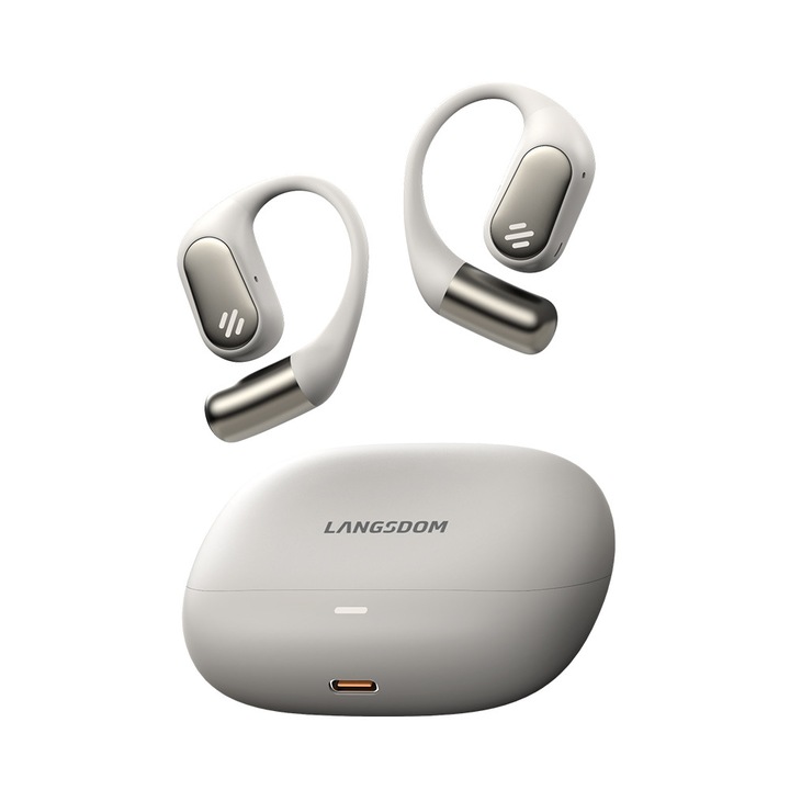 Безжични спортни слушалки Bluetooth 5.4, Langsdom, универсални, хендсфри с HD микрофон, силен бас, USB-C, IPX5 водоустойчиви, съвместими с iOS и Android, игри, GymBuds, бежови