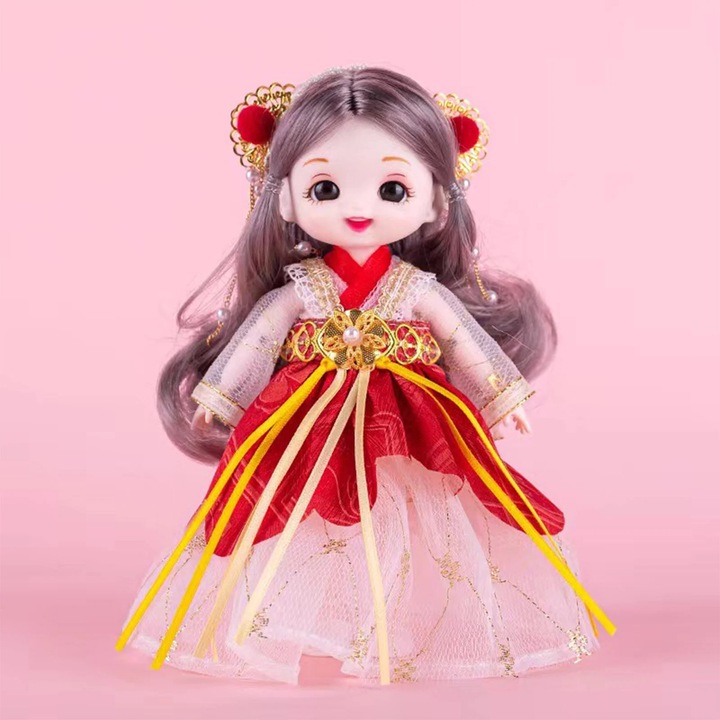 Papusa orientala decorativa ZYBLSSBB LSM126-BCS0419069-2, hanfu din material textil cu corp din PVC, rosu/roz, 17 cm