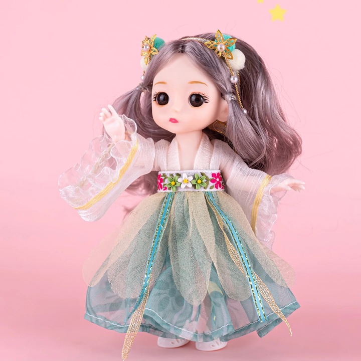 Papusa ZYBLSSBB LSM126-BCS0419069-3, orientala Hanfu din PVC, rochie verde cu accesorii de par, 17 cm