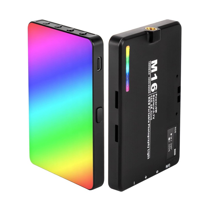 Hordozható LED-kitöltő lámpa, 180°-os állítás, 3 színhőmérséklet, 360°-os RGB szín, univerzális kompatibilitás, 20 motívumprogram, 1500 mAh, lágy fény, 5 W, orber, fekete
