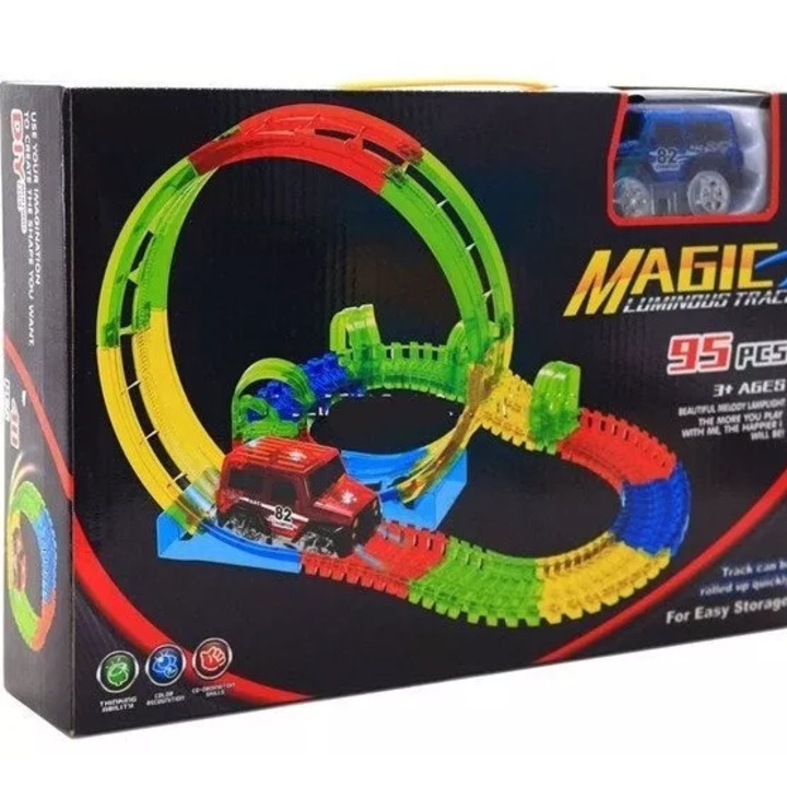 Sötétben világító pálya és autós szett, zenével és fényekkel, 95 darabos, gyerekeknek, rugalmas, többszínű