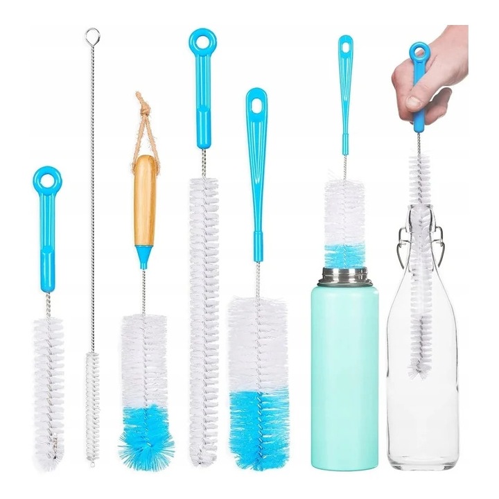 Set 7 perii de curatare pentru sticle, utile in bucatarie, Gonga® Albastru