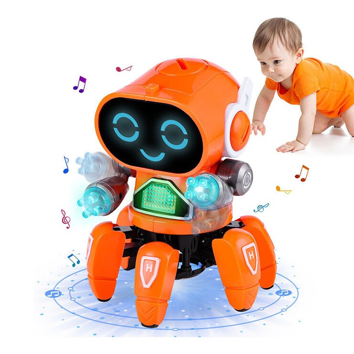 Интерактивен образователен робот, CAKMGER®, LED светлини, динамична музика, 12 см х 12 см, оранжев