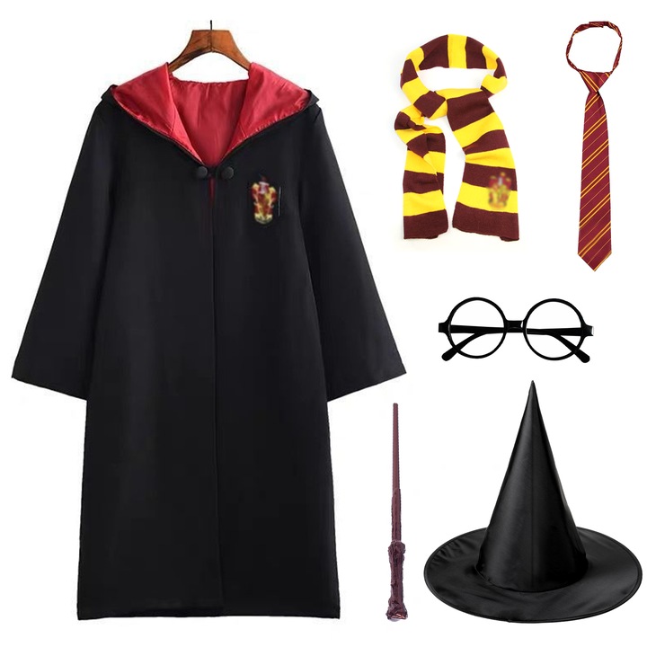 Комплект костюм Хари Потър, магическа роба Хари Потър, ролева игра, Великден, Ден на детето, Карнавал, Коледа, косплей, Хелоуин, 10-15 години, размер XL, черно/червено
