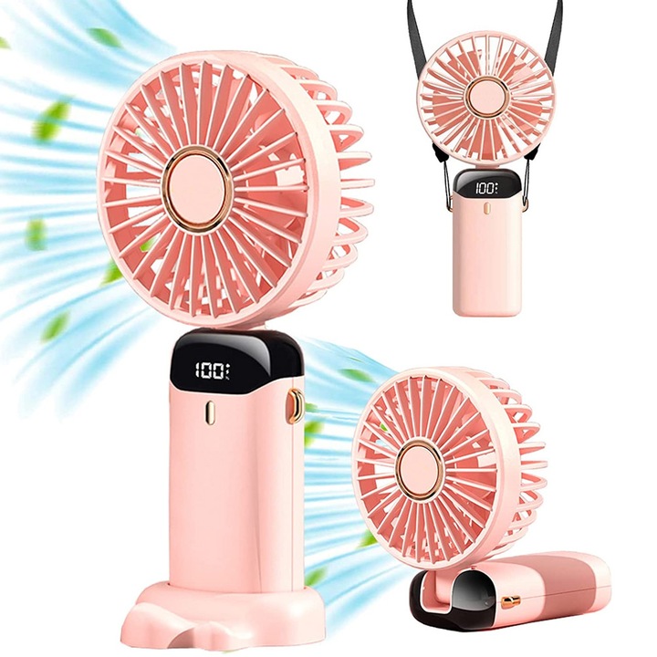 Hordozható ventilátor, erős USB ventilátor hordozható akkumulátorral, mini összecsukható újratölthető elektromos akkumulátor, rózsaszín