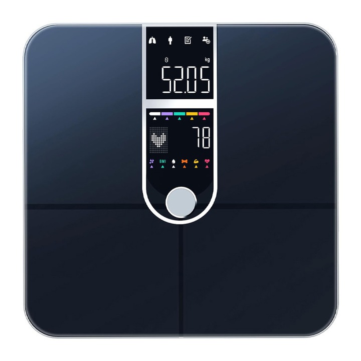 Смарт везна за телесен състав, Rqiurpn, 21 телесни индекса, Bluetooth, приложение за телефон, до 24 потребители, 180 кг, Черен
