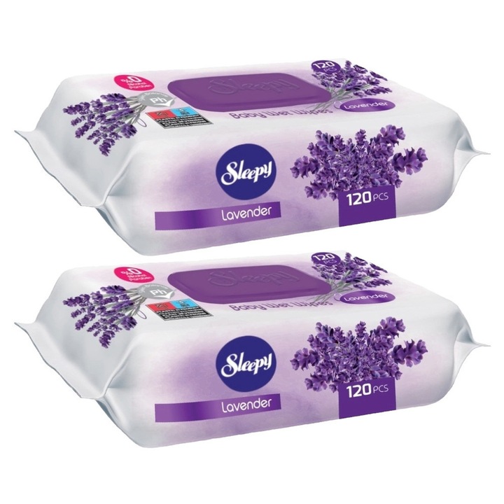 Set 2 x Sleepy Servetele Umede 120buc Lavanda, fresh aroma, parfum floral, distruge bacteriile, rapid si eficient, testat dermatologic, prospetime de lunga durata, eficacitate maxima, continut generos, elimina mirosuri neplacute
