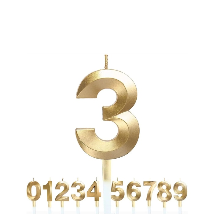 Lumanare Premium Cu Numar pentru Aniversari, Design 3D, Numar 3, Auriu, Lumanare tort, 12cm