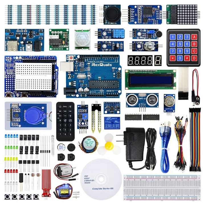 Kit Complet Incepatori Arduino, Rqiurpn, 238 de componente, placa dezvoltare, senzorii inclusi