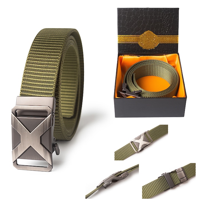 Férfi öv, HUA BAI NA, taktikai öv, fekete/zöld, 3,5x125cm, tartós nejlon anyagból