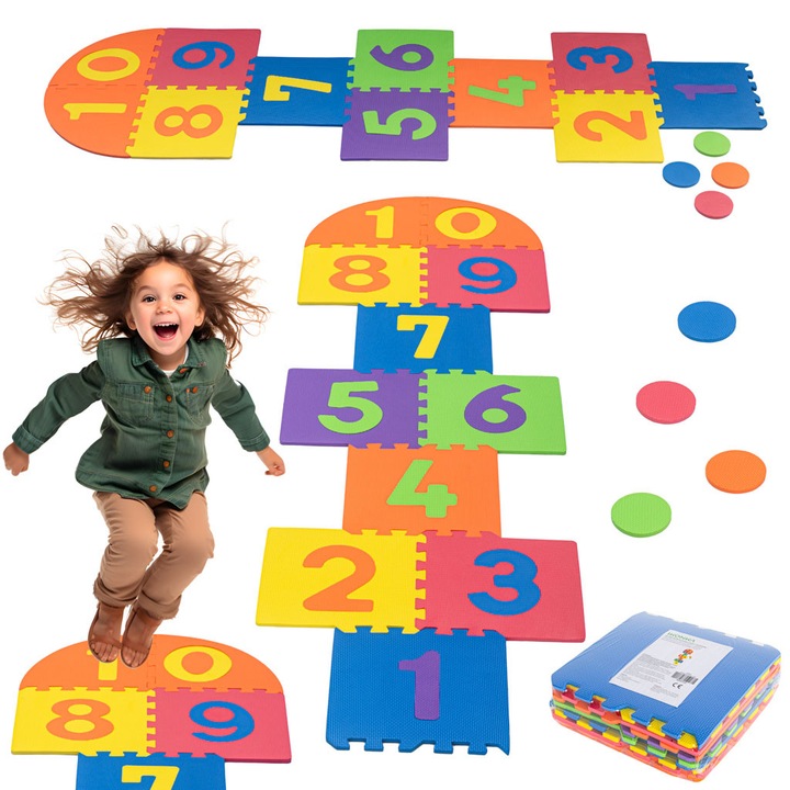Covoras educativ de joaca pentru copii, CIUPIGo® Tip puzzle cu model pentru Jocul Sotron, Antiderapant, Amortizeaza caderile, 230 X 66 cm