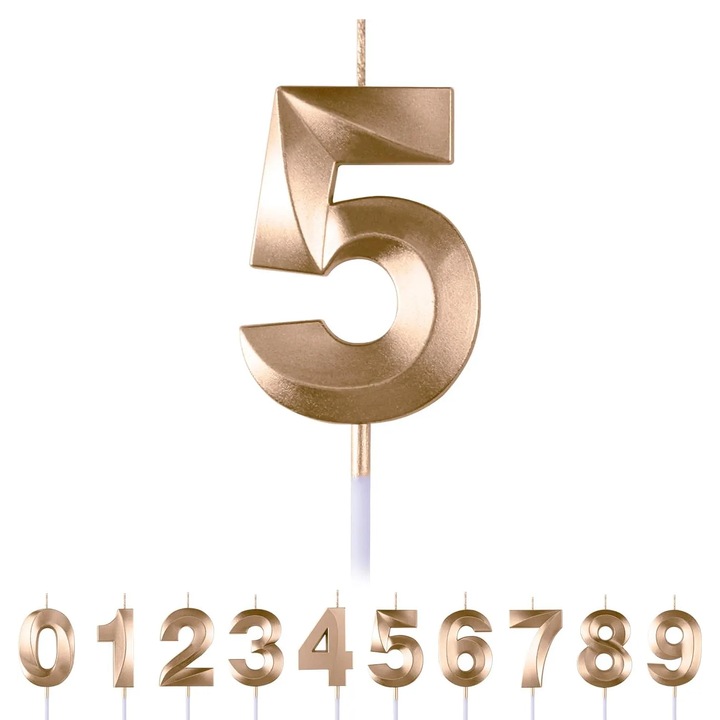 Lumanare Premium Cu Numar pentru Aniversari, Design 3D, Numar 5, Auriu, Lumanare tort, 11.5cm