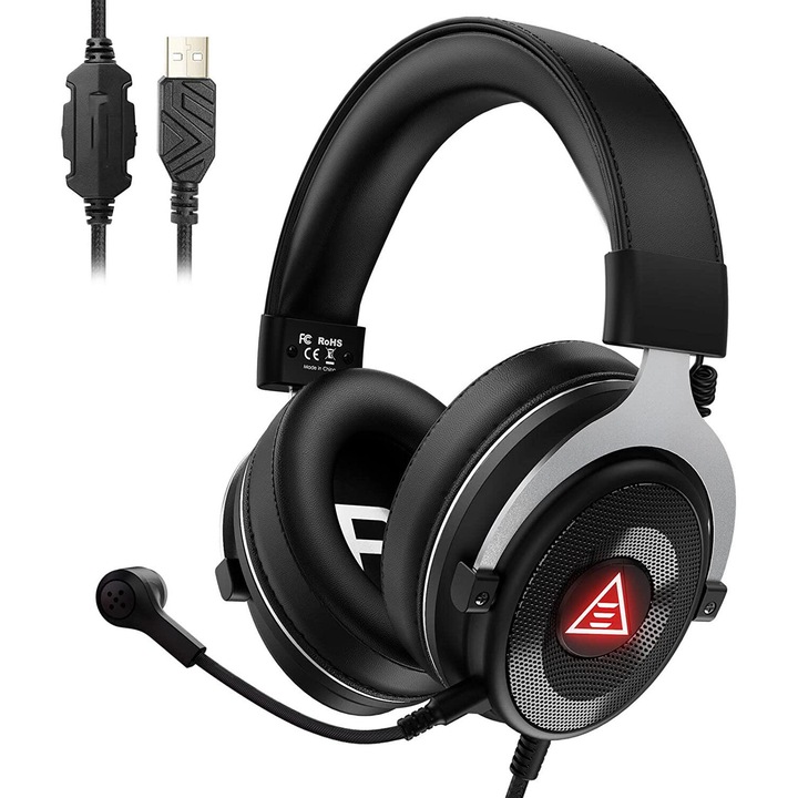 Casti de gaming AMRINUGL, 7.1 Surround Sound, microfon detasabil, cu perne din piele, ajustabile