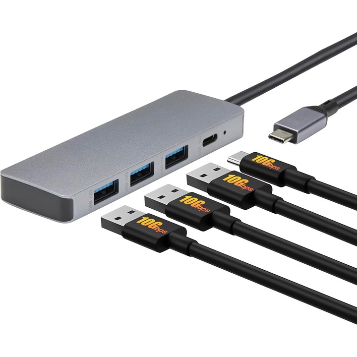 Hub Basics USB 3.2/3.1, generatia a 2-a, 10 Gb/s, USB-C la 1 x USB-C / 3 x USB-A, compatibil cu Windows / Mac, Argintiu
