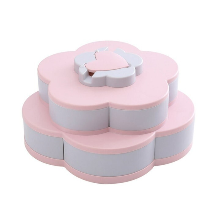 EMATTERIO™ Smart Candy tálalódoboz, virág alakú, forgatható rekesszel, 10 tároló- és rendszerező rekesszel, 2 szint, nyitott átmérő 42 cm, rózsaszín
