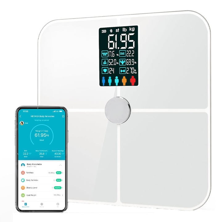 Електронна везна Rqiurpn за телесен състав, голям LCD дисплей, 19 анализа, капацитет 180 кг, бяла