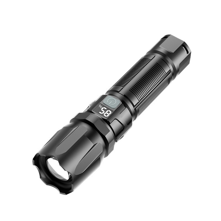LED фенер Vision Pro, 3 режима на осветление, водоустойчив, френелова оптична леща, телескопично увеличение, режим на наводнение, дигитален дисплей, зареждане TYPE C, батерии 18650, за употреба на открито, за аварийни ситуации, за нощно ходене, черен