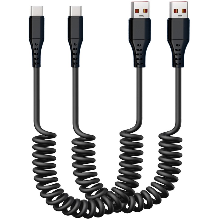 USB C-kábel Gyorstöltés, 2 csomag 1,5 m-es spirális USB-C típusú autós töltőkábel, USB-C töltőkábel Kompatibilis az iPhone 16/15/Samsung Galaxy S20 S10 S9 S8 Plus Note 10 9 8 és további USB C-eszközökkel, fekete