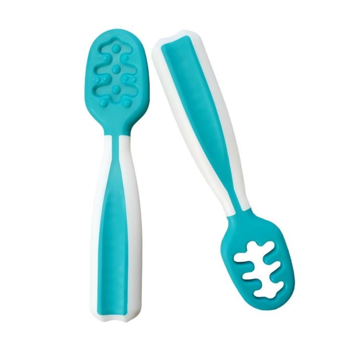 Set de 2 linguri din silicon pentru bebelusi, albastru si alb, 3,8 inch, fara BPA, pentru diversificare si intarcare