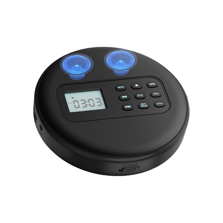 Hordozható CD-lejátszó, MP3, USB, 3,5 mm-es fejhallgató-csatlakozó, 1300 mAh, HD Audio, fekete