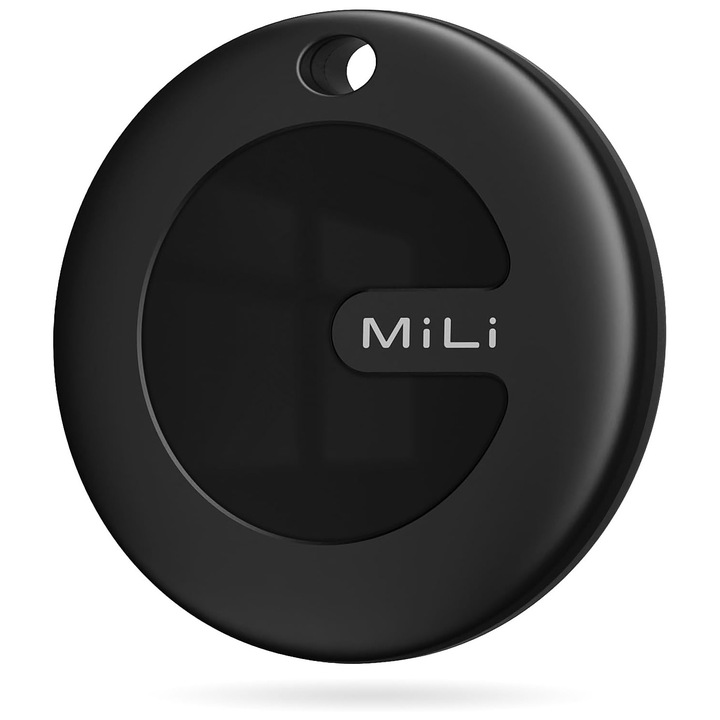 Dispozitiv anti-pierdere MiLi, localizator Bluetooth, raza de actiune 100-120m, impermeabil IP65, culoare neagra, dimensiuni 3.85x3.85x0.9cm