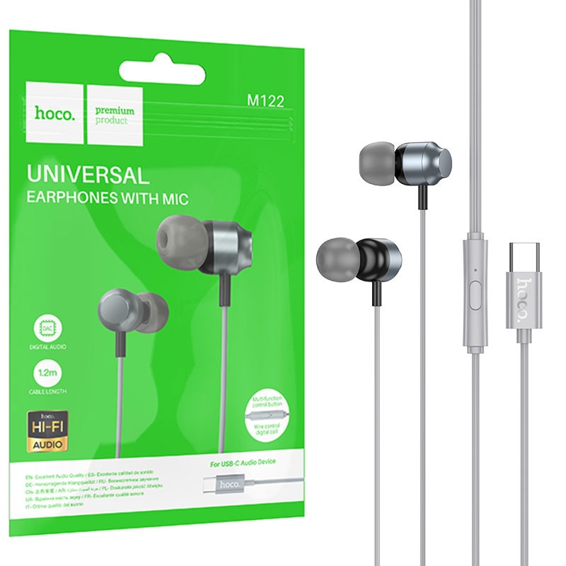 Casti cu Fir Hoco (M122), In Ear, USB-C, 1.2m, Mic & Volume Key, HiFi, Gray